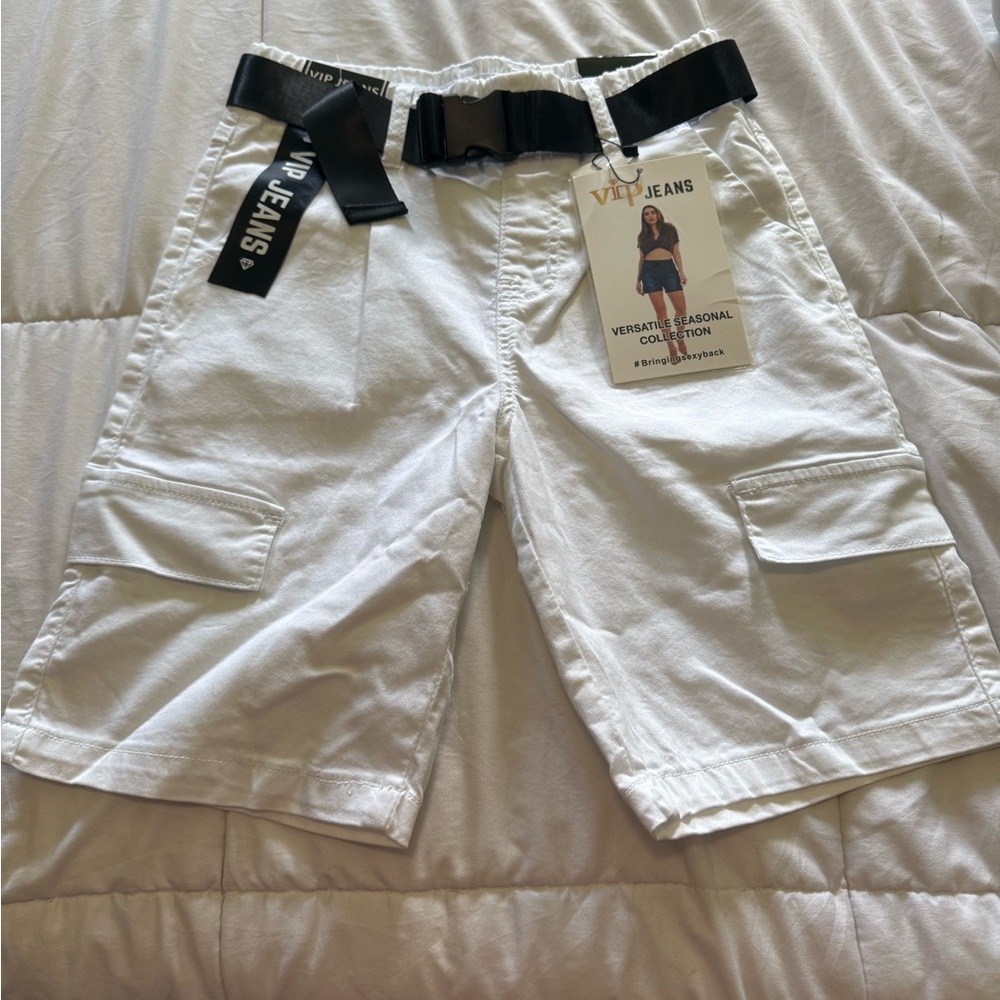 VIP White Cargo Shorts with Black Accents